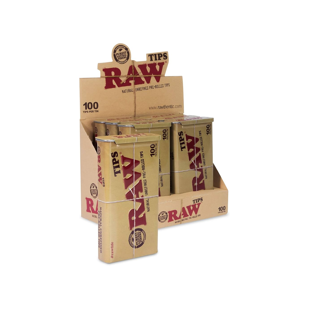 RAW Tin with 100 Pre-Rolled Tips Brown
