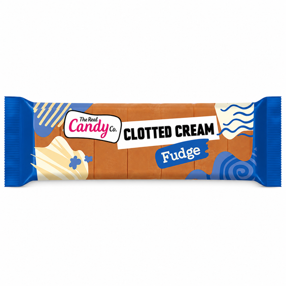 The Real Candy Co Clotted Cream Fudge 130g, showing the sliced fudge inside one retail pack