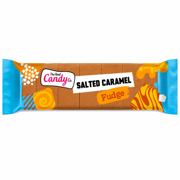The Real Candy Co Salted Caramel Fudge 130g, showing the sliced fudge inside one retail pack