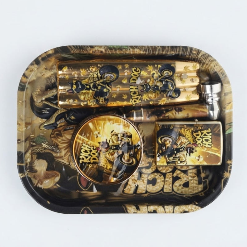 Rich Dog Smoking Accessory Gift Set SS-2176 — tray, lighter, metal pipe, plastic grinder and 3-piece joint holder