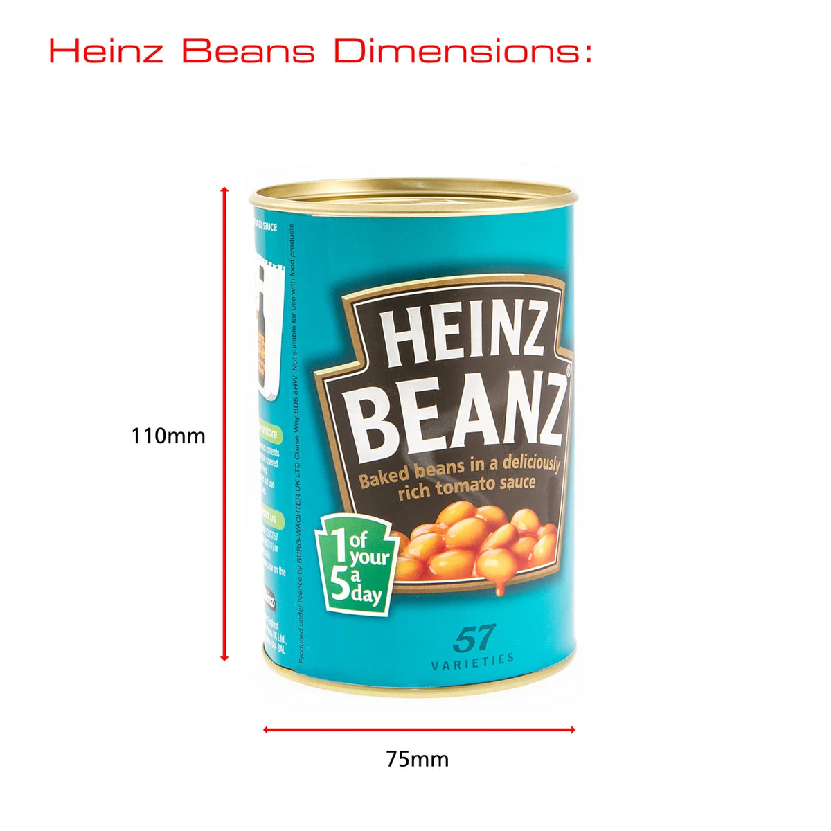 SafeCan Heinz Beanz dimensions: 110 mm high and 75 mm wide