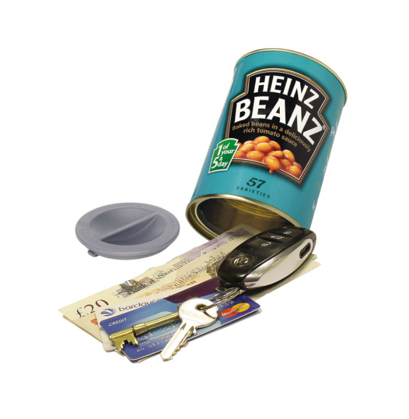 SafeCan Heinz Beanz storage tin with removable base; valuables shown for illustration