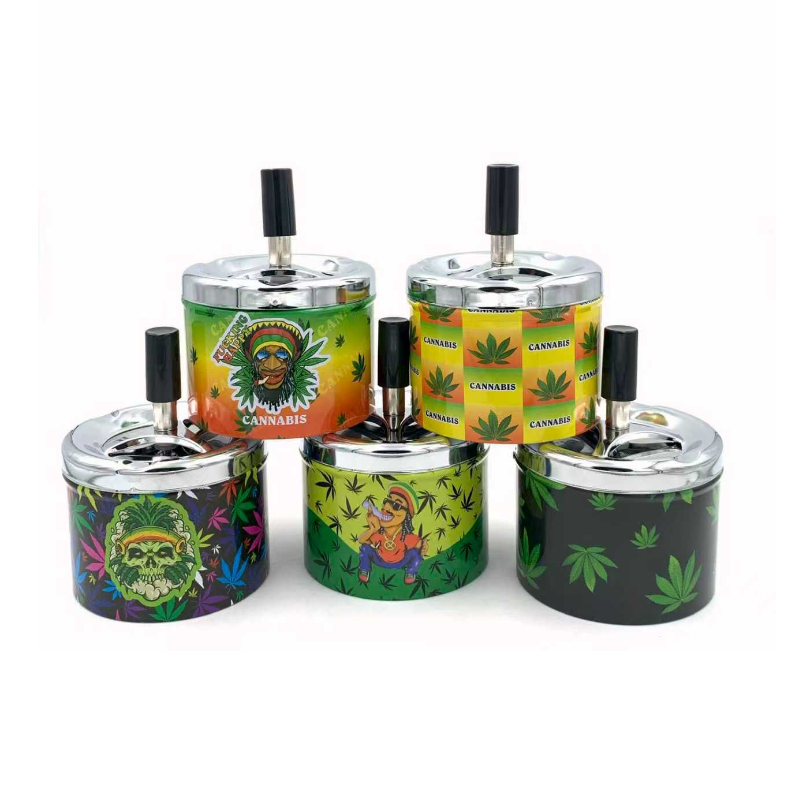 FE-0707 push-down spinning ashtray, assorted designs shown; one ashtray supplied