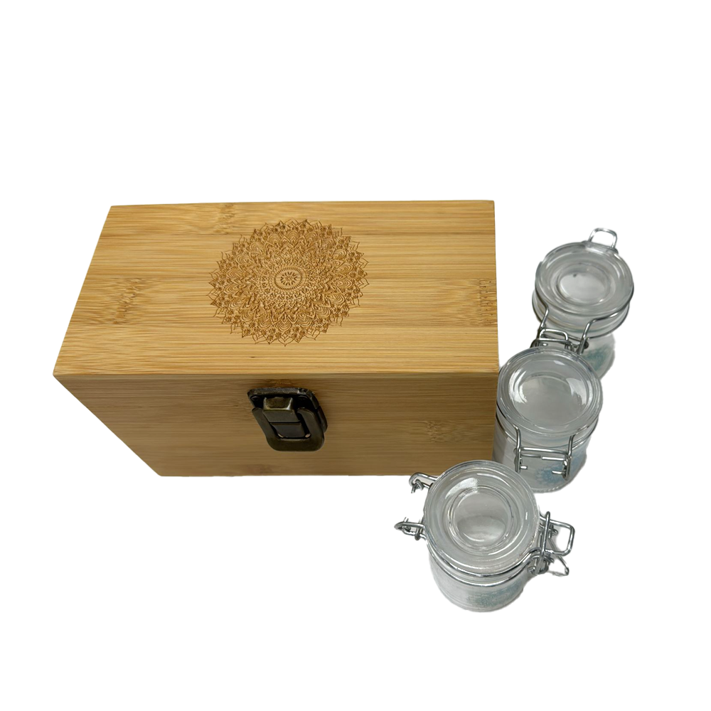 Sparkys wooden storage box with three glass jars