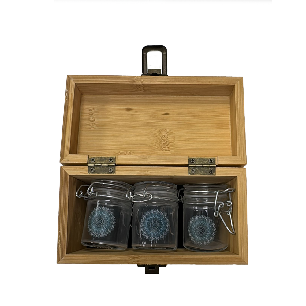 Sparkys wooden storage box open with three glass jars