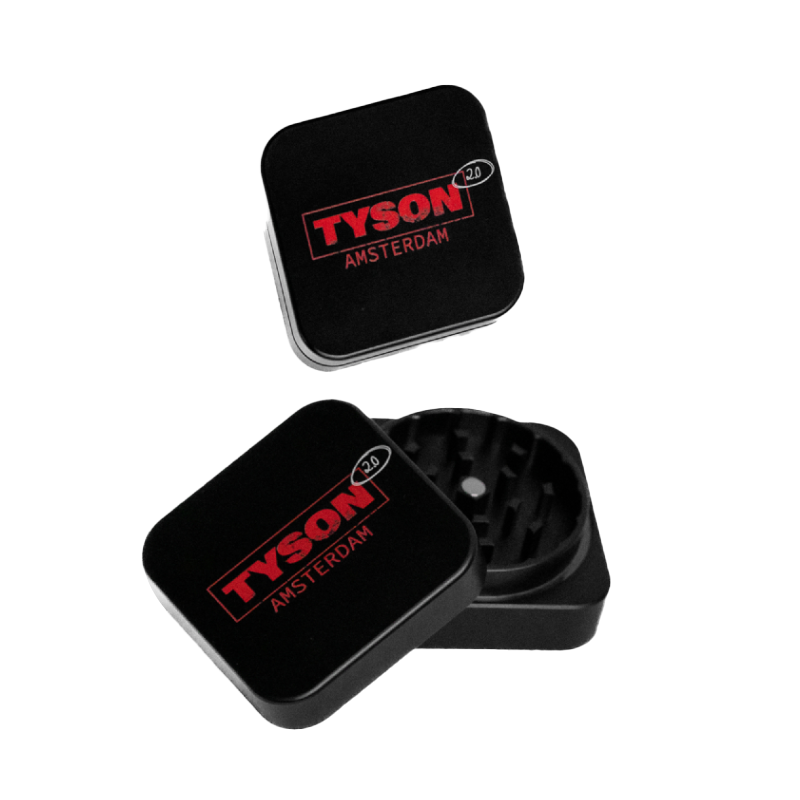 TYSON 2.0 Amsterdam black two-part metal grinder shown closed and open